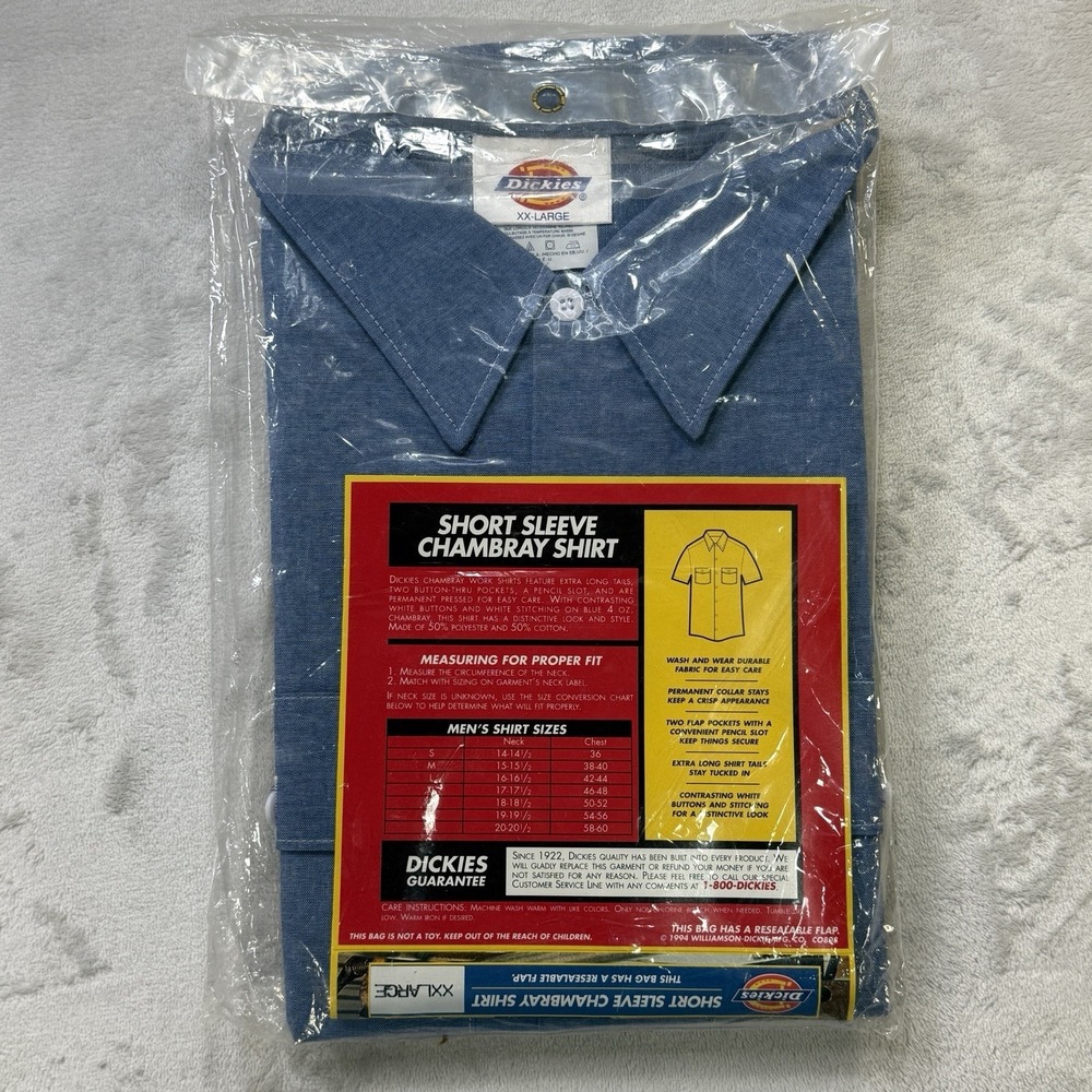 Vintage NOS 1994 Dickies Chambray Work Shirt USA Made XXL Deadstock Blue